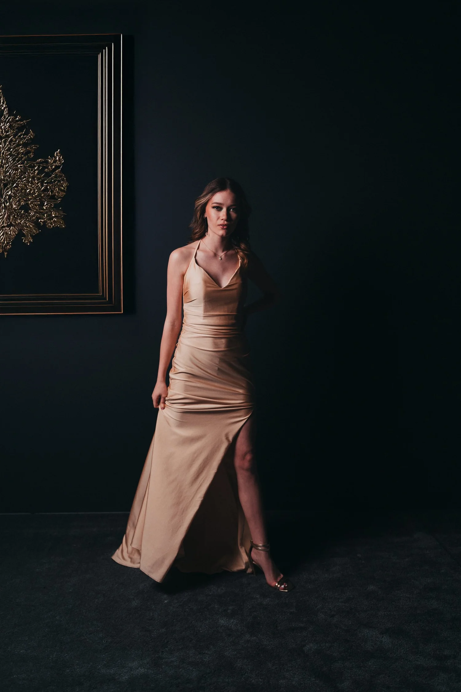 Las Vegas portrait photography — gold satin gown in the gallery studio