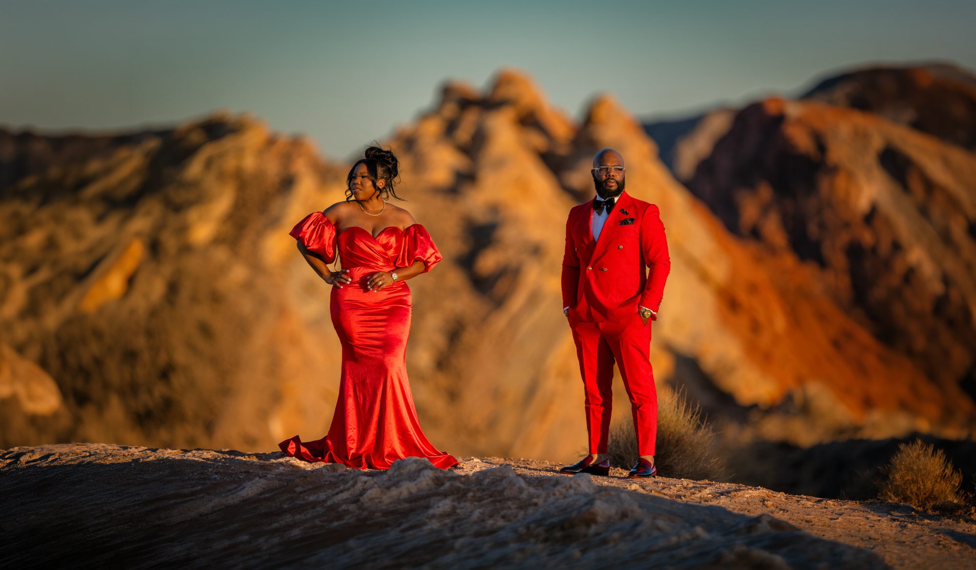 Couple photographed at golden hour in Las Vegas